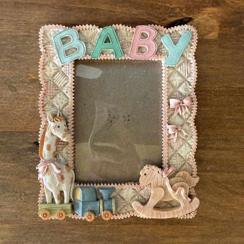Vintage Baby Picture Frame 3D Giraffe Train Rocking Horse Pastel Nursery Decor